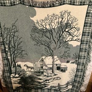 Crown Crafts Woven Throw Blanket Winter Village Horse Drawn Cottagecore 47x60
